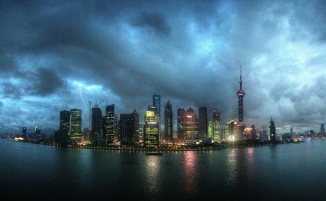 Shanghai skyline at night, panoramic. China, East Asia.